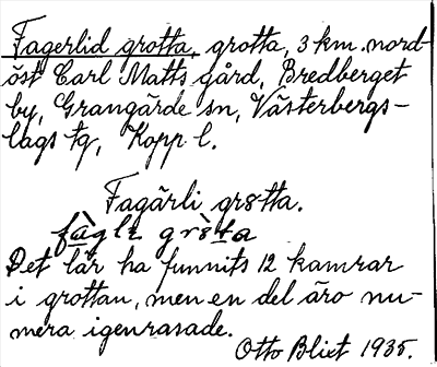 Bild på arkivkortet för arkivposten Fagerlid grotta