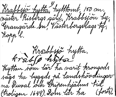 Bild på arkivkortet för arkivposten Krabbsjö hytta