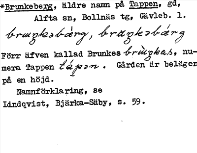 Bild på arkivkortet för arkivposten *Brunkeberg, äldre namn på Tappen