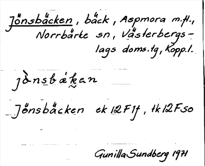 Bild på arkivkortet för arkivposten Jönsbäcken