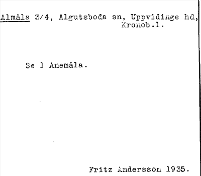 Bild på arkivkortet för arkivposten Almåla, se  1 Anemåla
