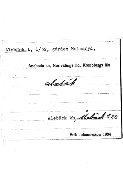 Bild på arkivkortet för arkivposten Alebäck