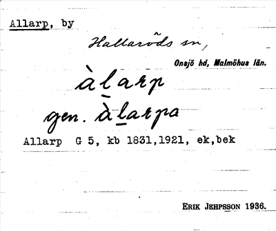 Bild på arkivkortet för arkivposten Allarp