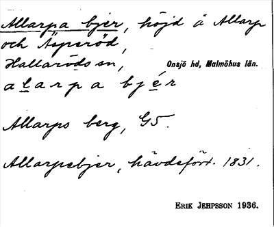 Bild på arkivkortet för arkivposten Allarpa bjer