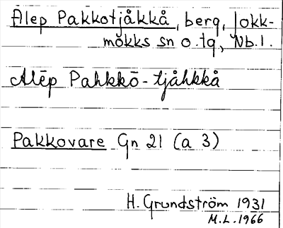 Bild på arkivkortet för arkivposten Alep Pakkotjåkkå