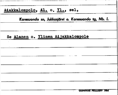 Bild på arkivkortet för arkivposten Aiakkalompolo, Al. o. YI.