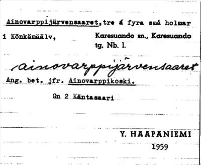 Bild på arkivkortet för arkivposten Ainovarppijärvensaaret