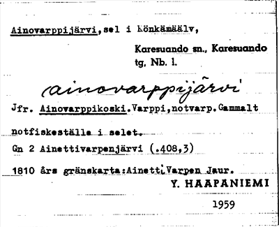 Bild på arkivkortet för arkivposten Ainovarppijärvi