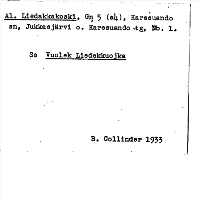 Bild på arkivkortet för arkivposten Al. Liedakkakoski, se Vuolek Liedekkuojka