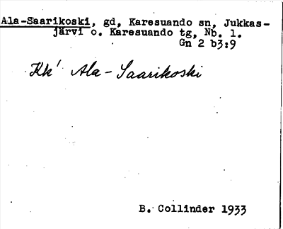 Bild på arkivkortet för arkivposten Ala-Saarikoski