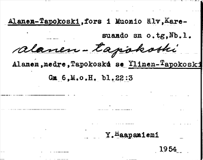 Bild på arkivkortet för arkivposten Alanen-Tapokoski