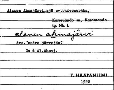 Bild på arkivkortet för arkivposten Alanen Ahmajärvi