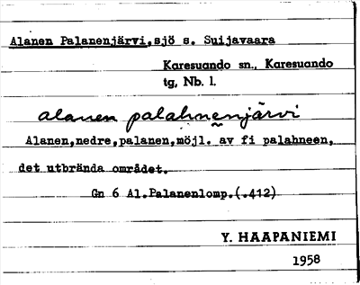 Bild på arkivkortet för arkivposten Alanen Palanenjärvi