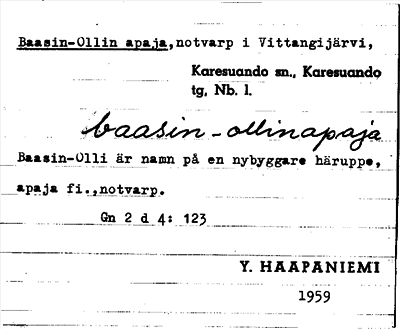 Bild på arkivkortet för arkivposten Baasin-Ollin apaja