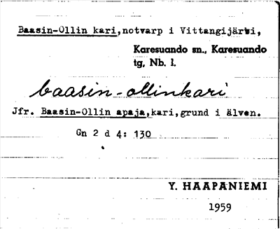 Bild på arkivkortet för arkivposten Baasin-Ollin kari