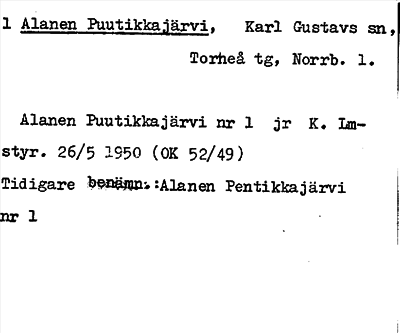 Bild på arkivkortet för arkivposten Alanen Puutikkajärvi