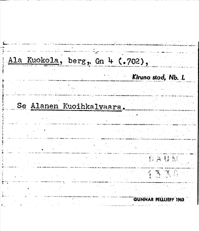 Bild på arkivkortet för arkivposten Ala Kuokola, se Alanen Kuoihkalvaara