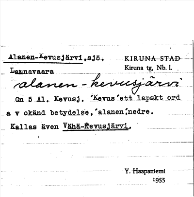 Bild på arkivkortet för arkivposten Alanen-Kevusjärvi