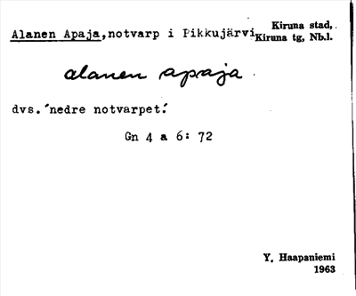 Bild på arkivkortet för arkivposten Alanen Apaja