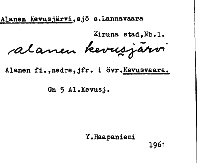 Bild på arkivkortet för arkivposten Alanen Kevusjärvi