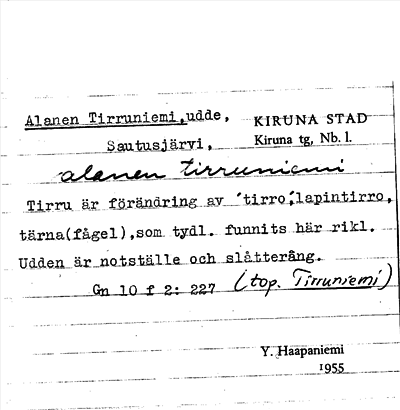 Bild på arkivkortet för arkivposten Alanen Tirruniemi
