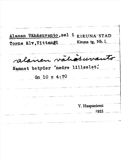 Bild på arkivkortet för arkivposten Alanen Vähäsuvanto