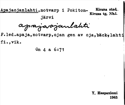 Bild på arkivkortet för arkivposten Apajaojanlahti