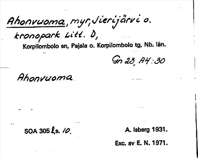 Bild på arkivkortet för arkivposten Ahonvuoma