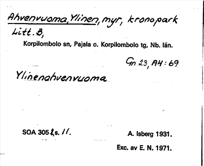 Bild på arkivkortet för arkivposten Ahvenvuoma, Ylinen