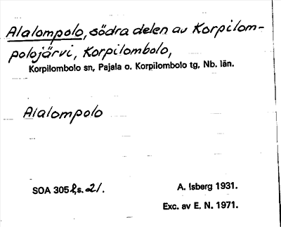 Bild på arkivkortet för arkivposten Alalompolo
