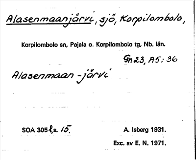 Bild på arkivkortet för arkivposten Alasenmaanjärvi