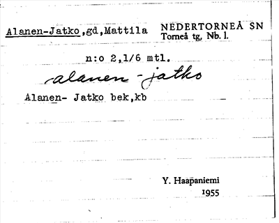 Bild på arkivkortet för arkivposten Alanen-Jatko