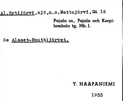Bild på arkivkortet för arkivposten Al. Rytijärvi, se Alaset-Ruuttijärvet