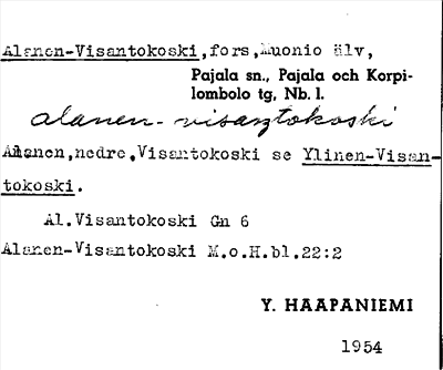 Bild på arkivkortet för arkivposten Alanen-Visantokoski
