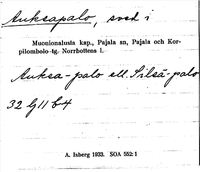 Bild på arkivkortet för arkivposten Aukeapalo
