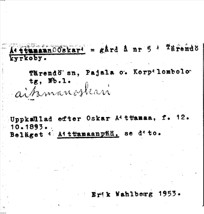 Bild på arkivkortet för arkivposten Aittamaan Oskari