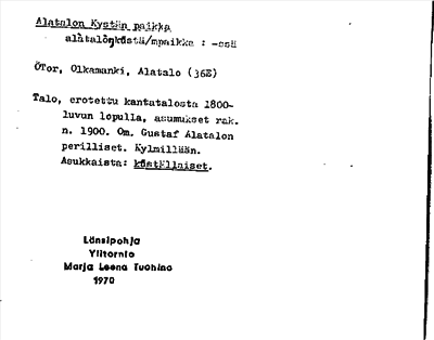 Bild på arkivkortet för arkivposten Alatalon Kystän paikka