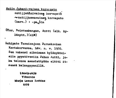 Bild på arkivkortet för arkivposten Antin Juhani-vainan korvapato