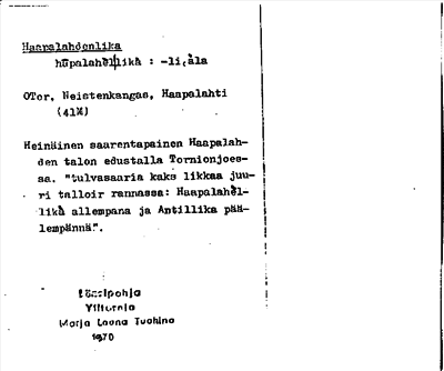 Bild på arkivkortet för arkivposten Haapalahdenlika