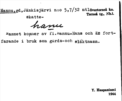Bild på arkivkortet för arkivposten Hannu