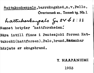 Bild på arkivkortet för arkivposten Hattukoskenpalo