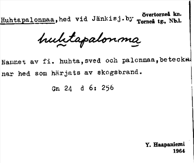 Bild på arkivkortet för arkivposten Huhtapalonmaa