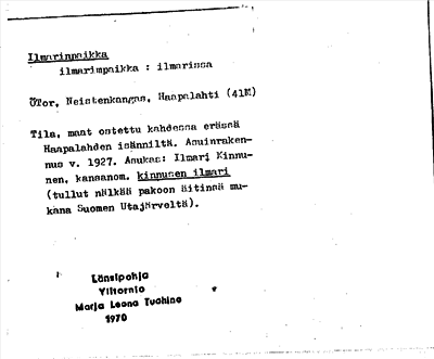 Bild på arkivkortet för arkivposten Ilmarinpaikka
