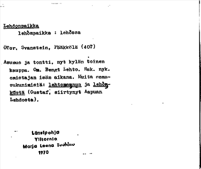 Bild på arkivkortet för arkivposten Lehdonpaikka