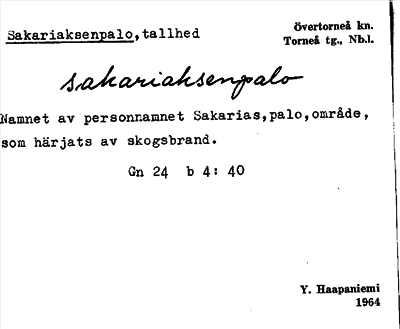 Bild på arkivkortet för arkivposten Sakariaksenpalo