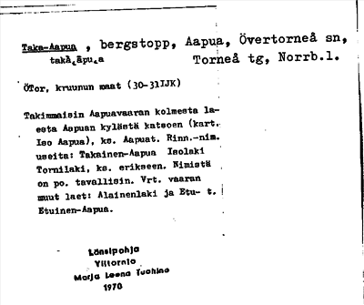 Bild på arkivkortet för arkivposten Taka-Aapua