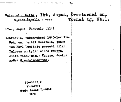 Bild på arkivkortet för arkivposten Uudentalon Kalla