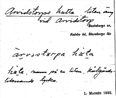 Bild på arkivkortet för arkivposten Arvidstorps hutta
