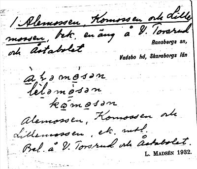 Bild på arkivkortet för arkivposten Alemossen, Komossen och Lillemossen