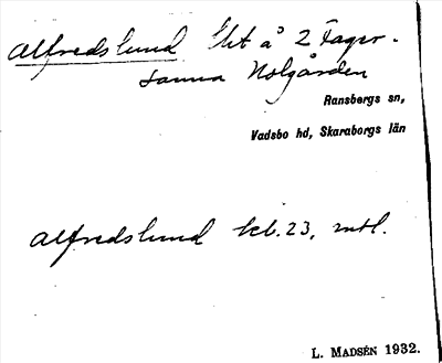 Bild på arkivkortet för arkivposten Alfredslund